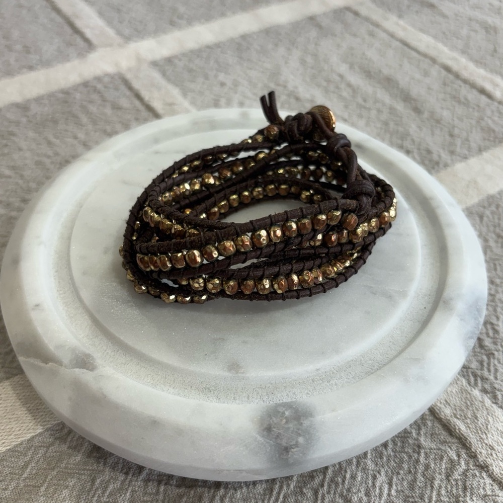 Marlyn Schiff leather and bronze Beaded Wrap Bracelet